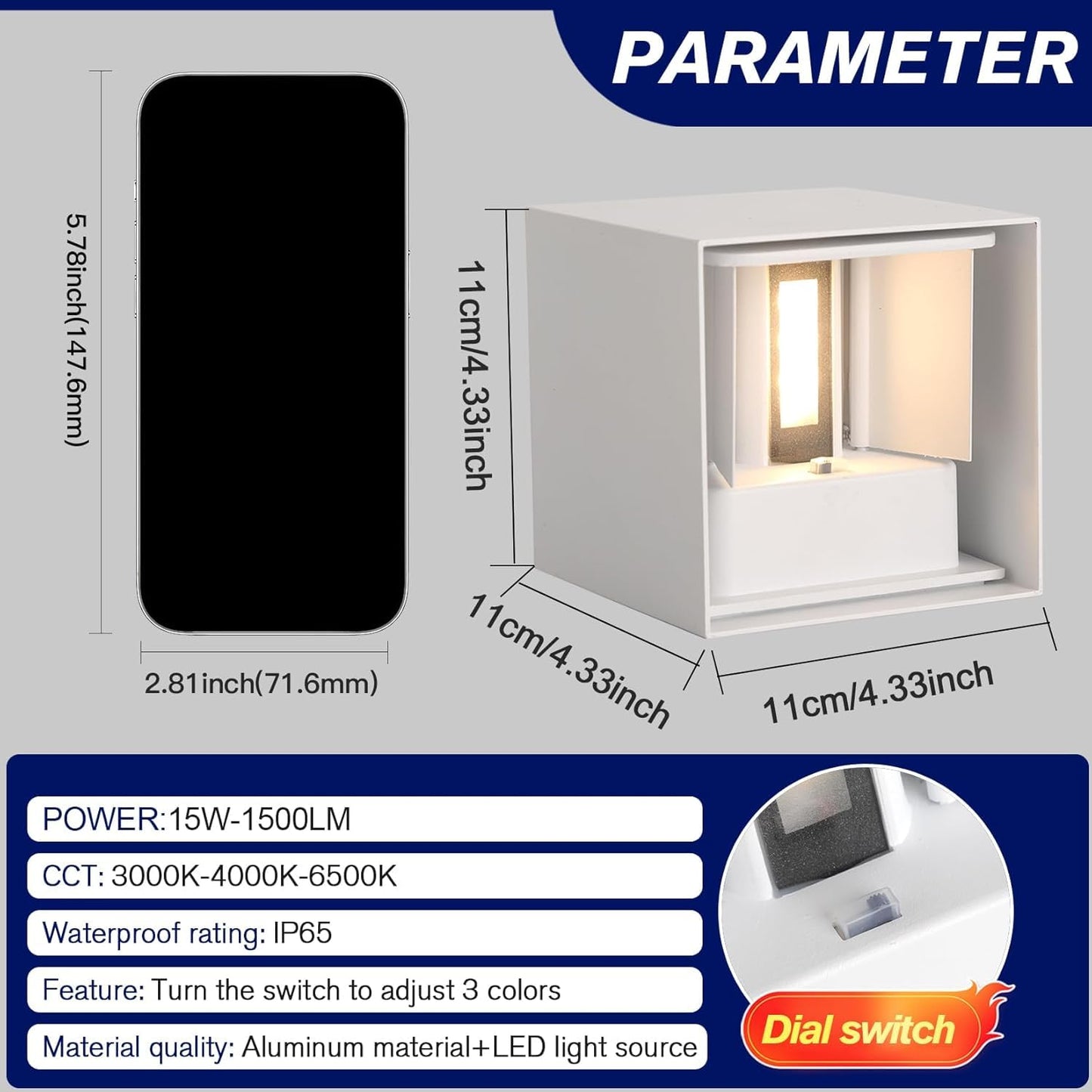 YCZM 2 Pack 3-Color Adjustable Modern Outdoor Wall Lights, 15W Square LED Exterior Wall Sconce, Up and Down Lighting Fixtures, IP65 Waterproof