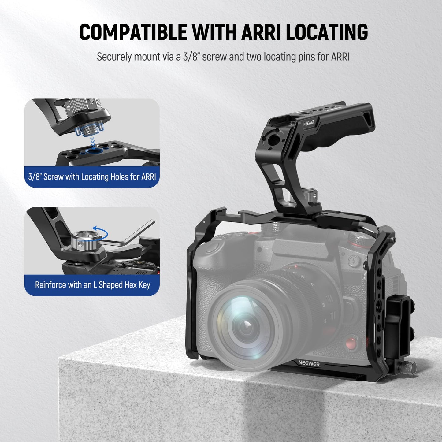 NEEWER CA007 Top Handle + MA006 Monitor Mount Set, Camera Cage Handle with 3/8" ARRI Locating + Cold Shoe Monitor Mount with 180° Tilt Damping for 5"