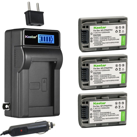 Kastar 3-Pack NP-FP50 / FP51 Battery and LCD AC Charger Compatible with Sony DCR-SR30, DCR-SR40, DCR-SR50, DCR-SR60, DCR-SR70, DCR-SR80, DCR-SR90
