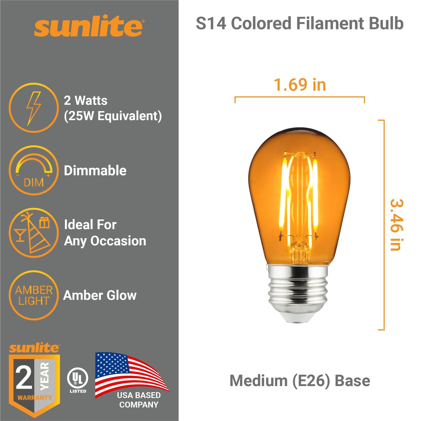 Sunlite 81093 LED S14 String Light Bulb, 2 Watts (25W Equivalent), Medium E26 Base, Party Decoration, Holiday Lighting, Transparent, Dimmable, UL