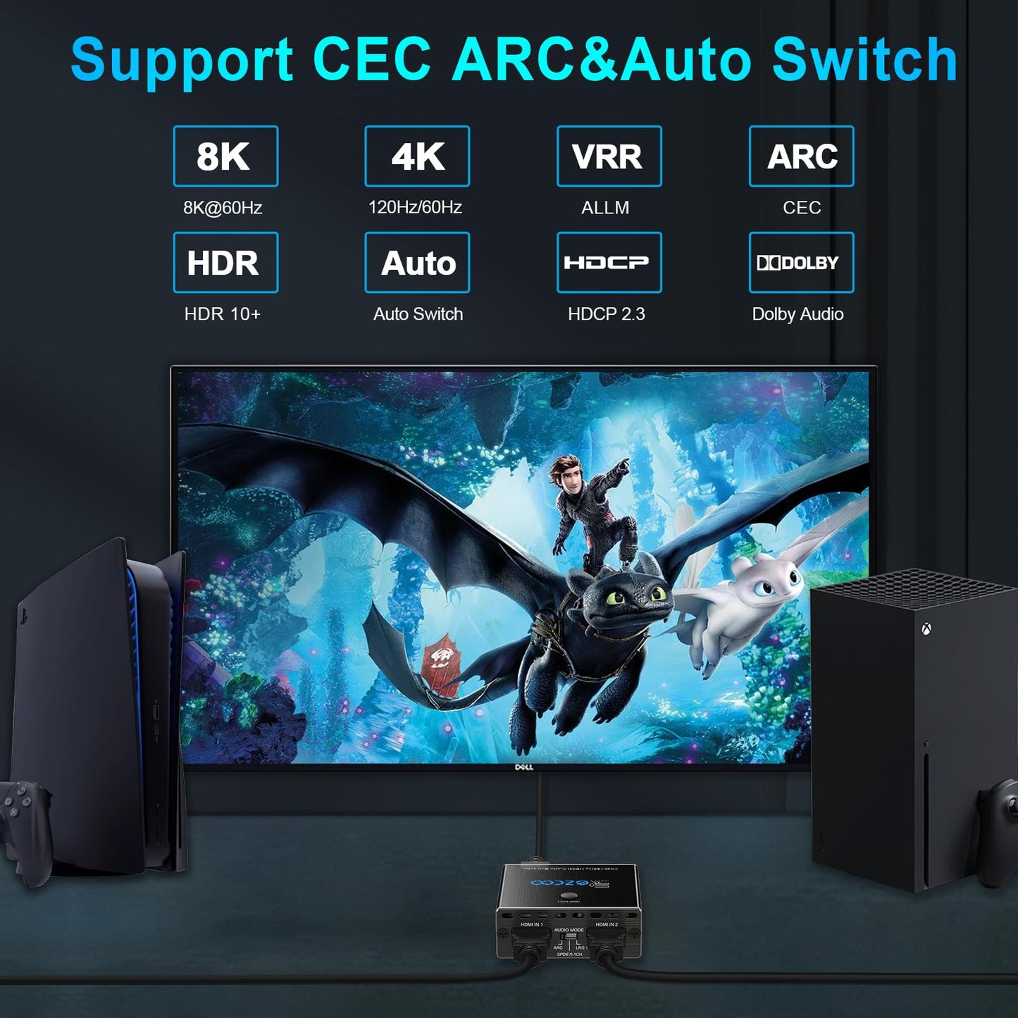 HDMI 2.1 Audio Extractor 4K 120Hz VRR ALLM HDCP2.3 HDR10 ARC Switch 2 in 1 Out Audio Converter- SPDIF 5.1CH Optical Toslink,Stereo Audio Breakout