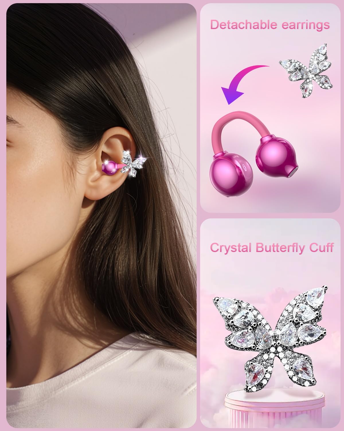 Alfu Bluetooth Wireless Open Ear Earbuds: Jewelry Clip On Headphones with Butterfly Earrings - Bluetooth 6.0 IPX5 Waterproof Earphones with Fashion…
