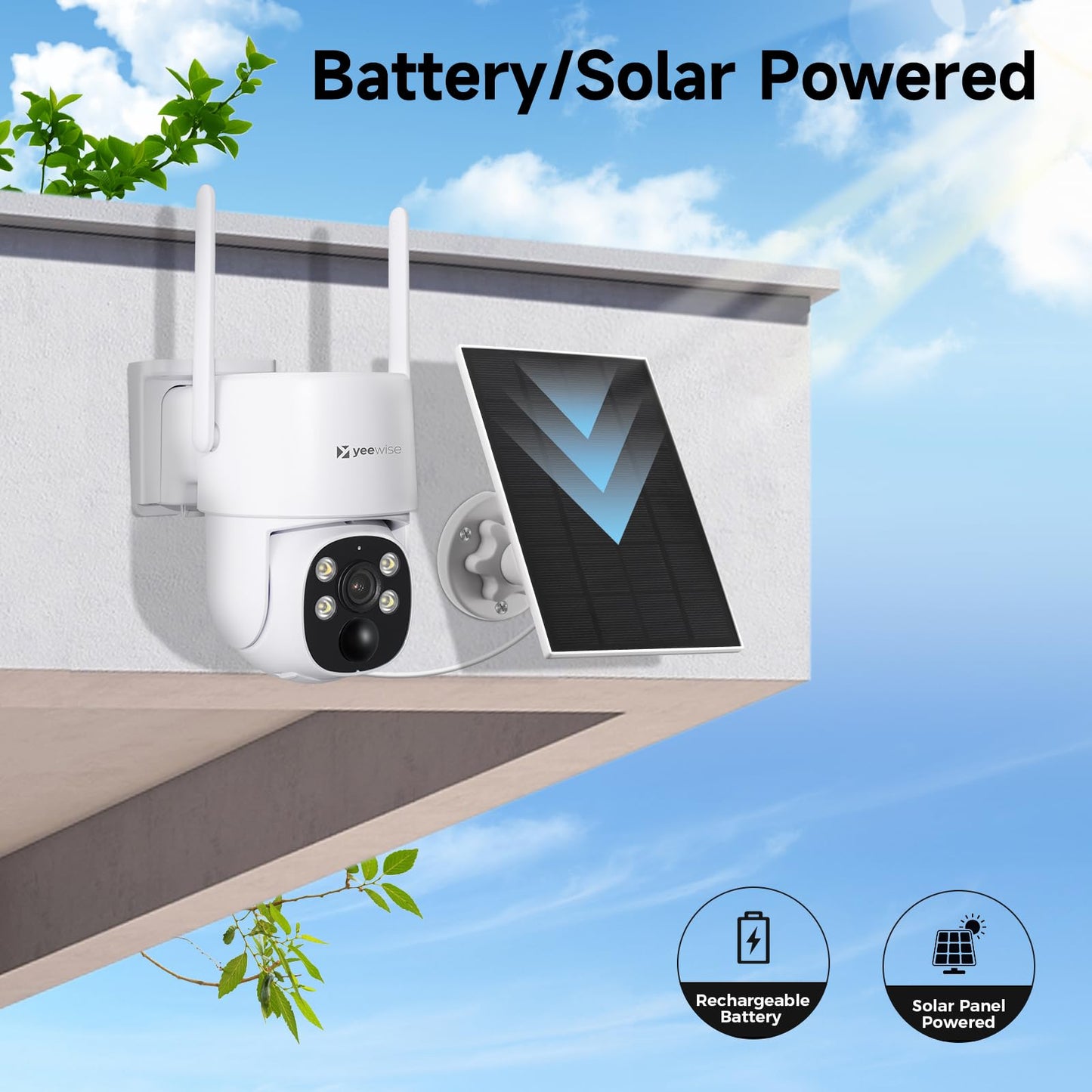 yeewise 2K NightColor Solar Security Camera, Wireless Pan & Tilt Battery Camera with Auto Tracking, Dual-Band Wi-Fi 6, Smart PIR Motion Detection