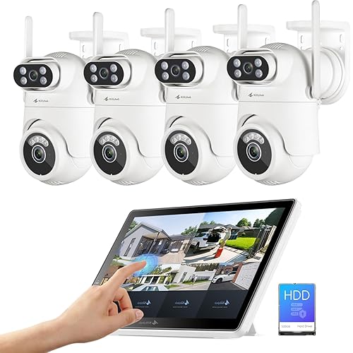 Wireless Security Camera System with 10" Touchscreen Monitor, Dual Lens 2K Security Cameras Wireless Outdoor with 2.4/5GHz WiFi, 360° PTZ, Auto
