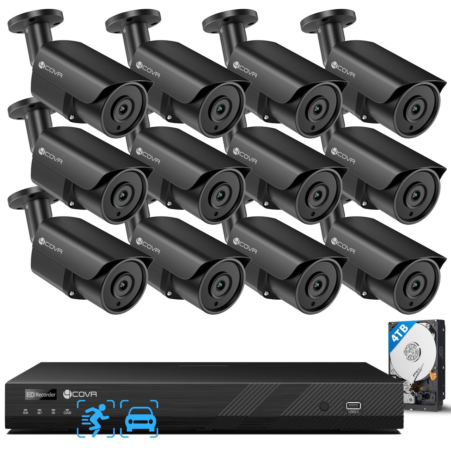 4COVR 16 Channel Security Camera System, Human/Vehicle Detection, Night Vision, 16CH 4K NVR 4TB HDD, 12Pcs 8MP Wired Commercial Bullet PoE IP Camera