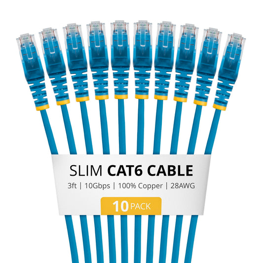 StarTech 3ft Blue Slim CAT6 Cable, 10 Pack, Snagless RJ45, LSZH, 28AWG Pure Bare Copper, Slim Network Patch Cable/Cord