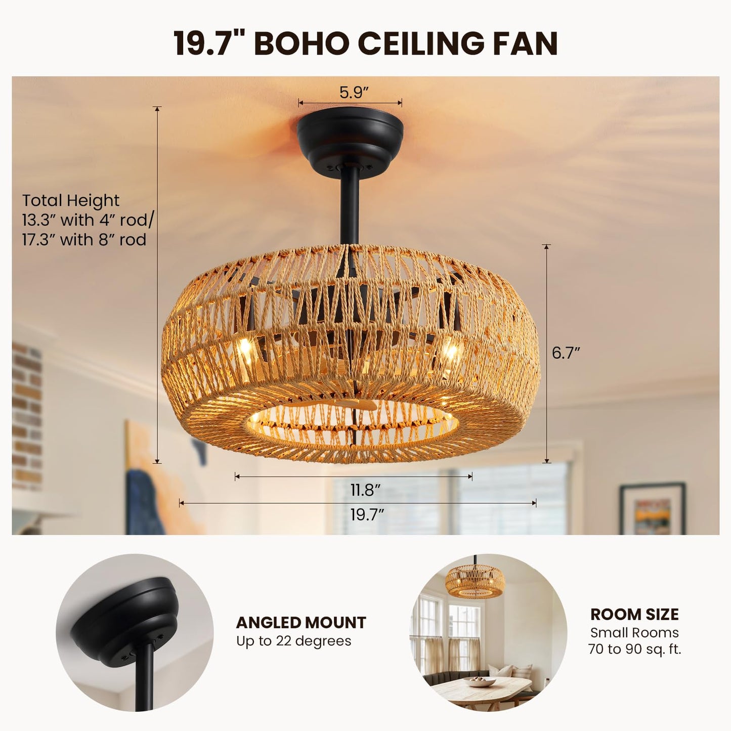 MOOONICHE 20" Boho Caged Ceiling Fan with Lights Remote Control, Rattan Cage Low Profile Bladeless Ceiling Fan, Farmhouse Ceiling Fans with Light