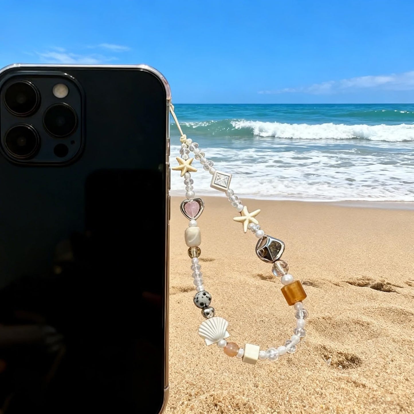 Hujnagh 2 Pcs Phone Charm Strap, Beach Style Beaded Lanyard for Phone Camera Wrist Strap, Starfish Heart and Shell Starfish Design, Cute Wrist Charm