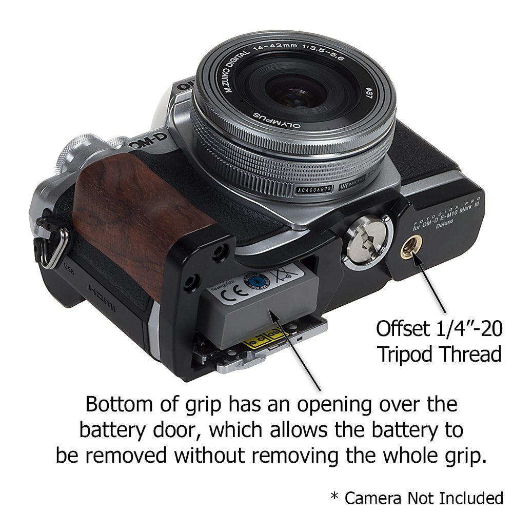 Fotodiox Pro, Deluxe All Metal Black Camera Hand Grip for Olympus OM-D E-M10 Mark III Mirrorless Micro Four-Thirds Digital Camera with Battery Access