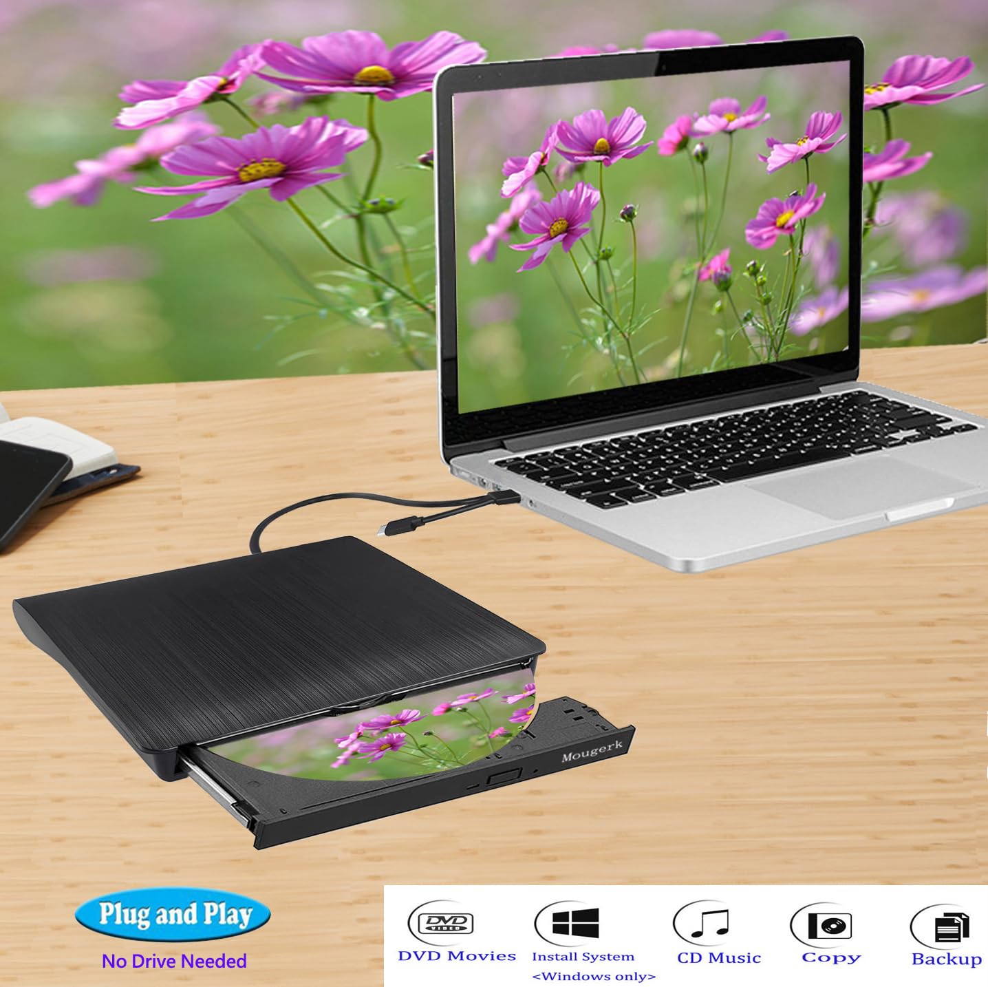 Mougerk External DVD CD Drive, USB 3.0 Type-C Ultra Slim Drives CD DVD RW Player/DVD CD ROM Drive/Writer/Rewriter/USB CD Burner Compatible with Mac