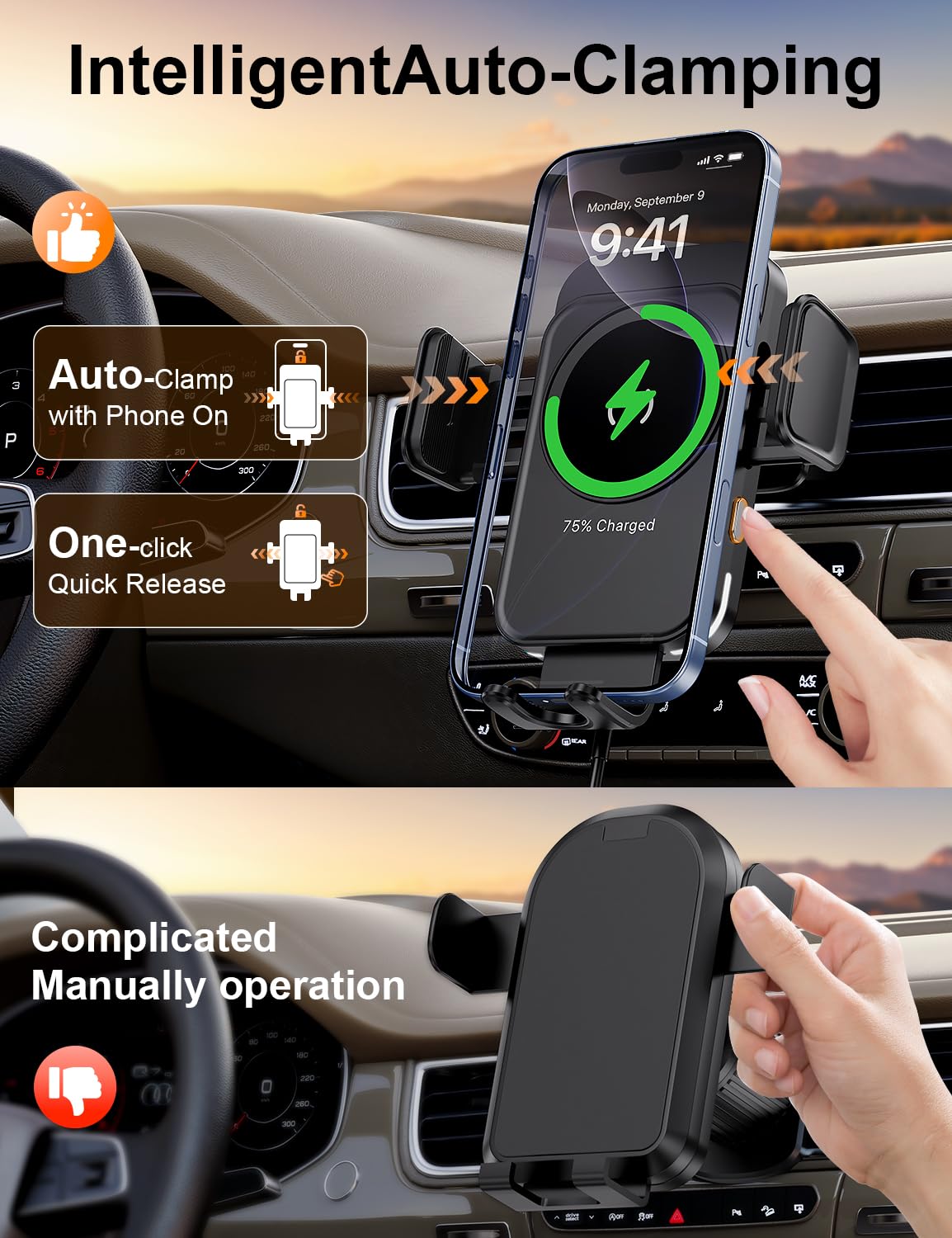 bokilino Wireless Car Charger, 15W Fast Charging [Auto Clamping] [Auto Alignment] Phone Holders for Your Car Dashboard Windshield Air Vent Car