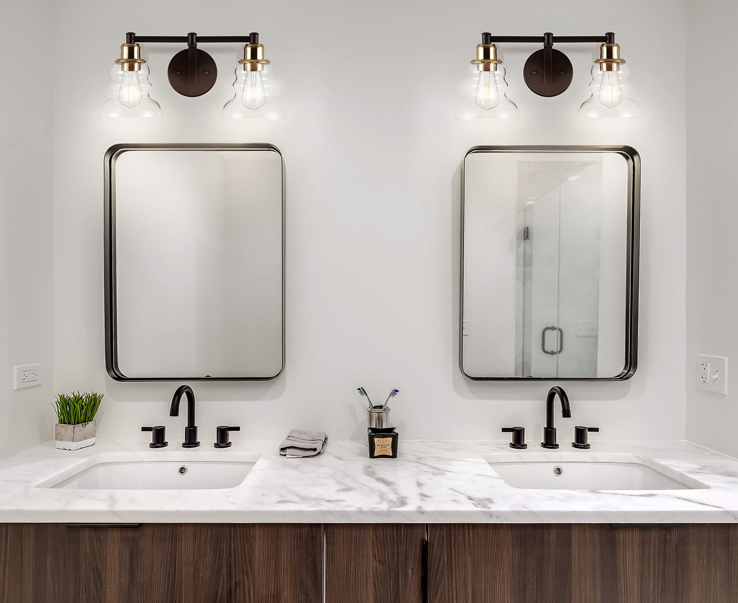 JONATHAN Y 18.5" Brass Gold/Oil Rubbed Bronze Modern Industrial Rustic 2-Light LED Vanity Light with Clear Glass Shade, Vintage Wall Sconce