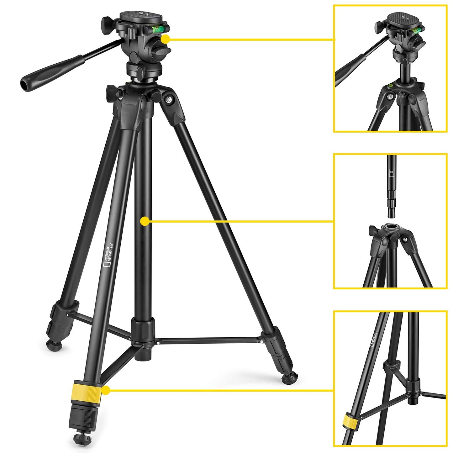 NATIONAL GEOGRAPHIC Photo Tripod Kit with Monopod, Carrying Bag, 3-Way Head, Quick Release, 3-Section Legs Lever Locks, Geared Centre Column, Load up