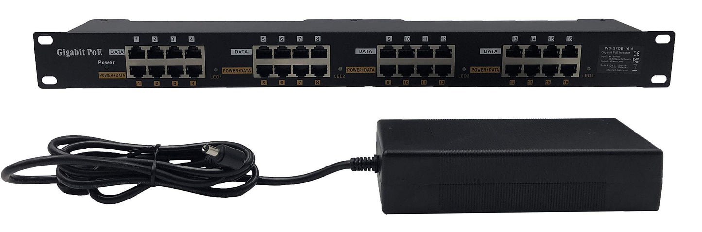 PoE Texas GPOE-16A-48v120w | Passive 802.3af Power Over Ethernet Injector for 16 PoE Cameras, IP Phones, WiFi Access Points and More | Includes 48