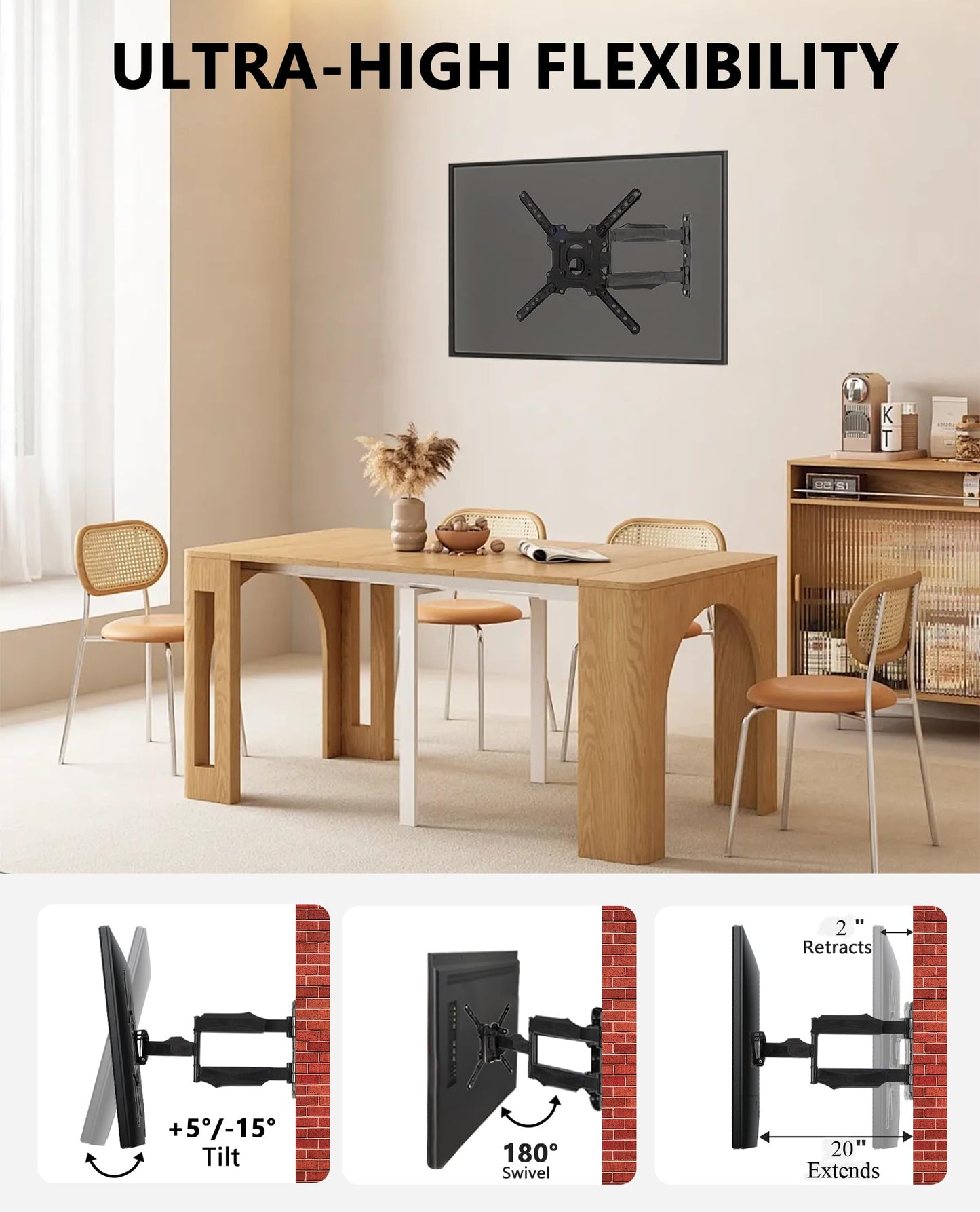 Full Motion Wall Mount for 32-60 Inch Screens, Swivel, Tilt & Extend, Articulating Mount Bracket for LED LCD OLED 4K Displays Up to 77 lbs, VESA