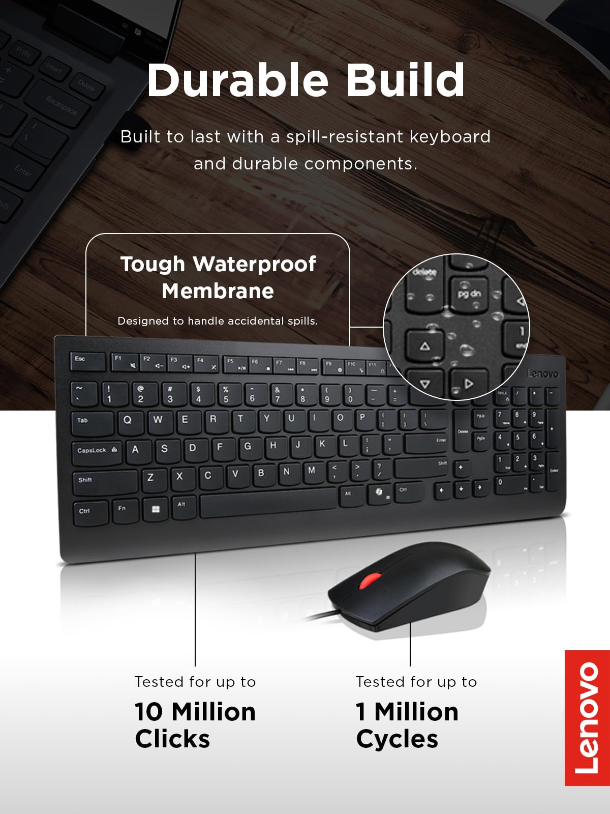 Lenovo Essential Wired Keyboard & Mouse Combo - US English, Adjustable Feet, Spill Resistant Keys, Full Size Ambidextrous Optical Mouse, 1600 DPI