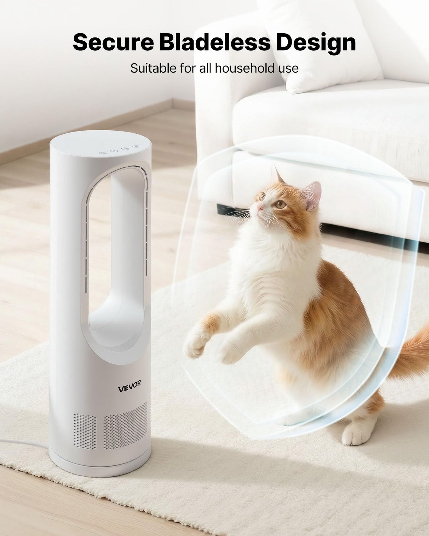 VEVOR Desk Fan Bladeless, 17 inch Office Table Fan Small Quite, 5 Speeds Adjustment, 0-9H Timer, 60-Degree Oscillation, Touch Control, Easy to Clean