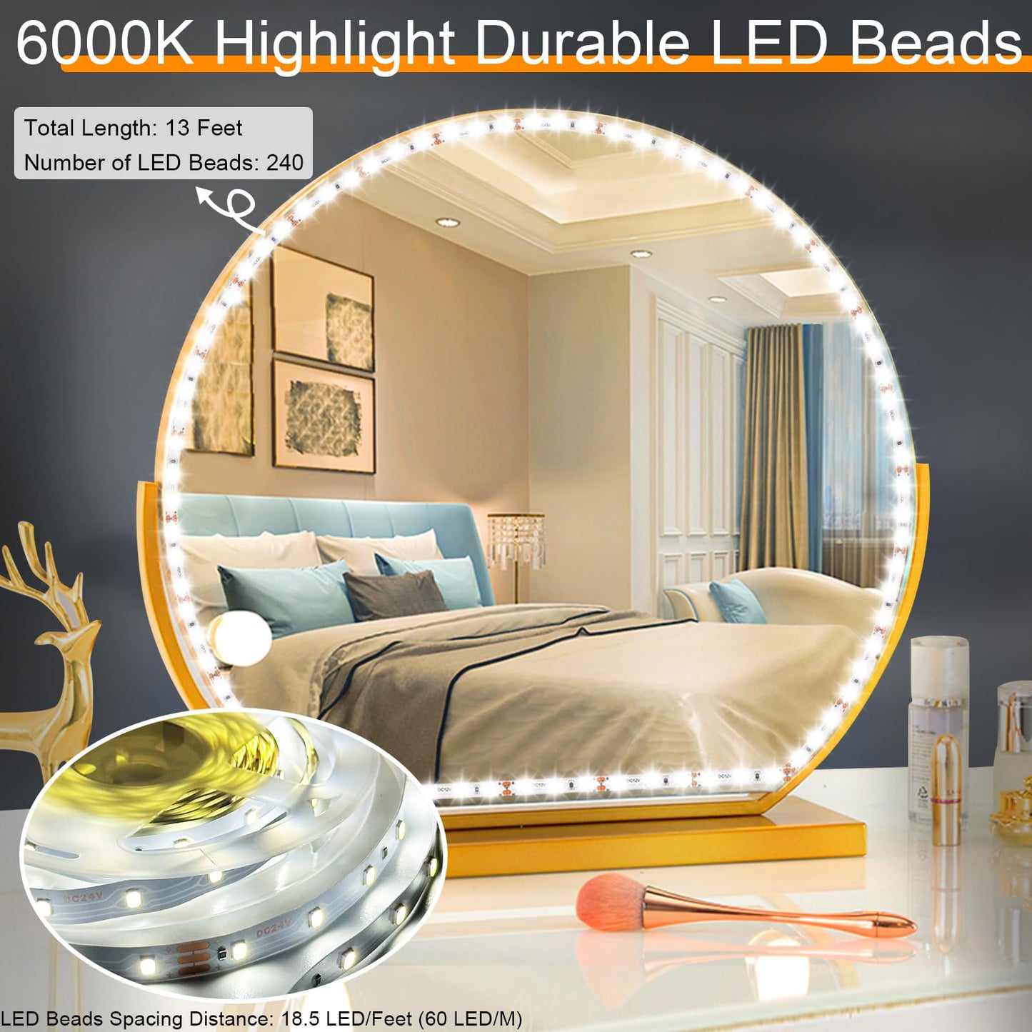 LED Vanity Mirror Lights for Makeup Dressing Table Vanity Set 13ft Flexible LED Light Strip Kit 6000K Daylight White with Dimmer and Power Supply, DIY