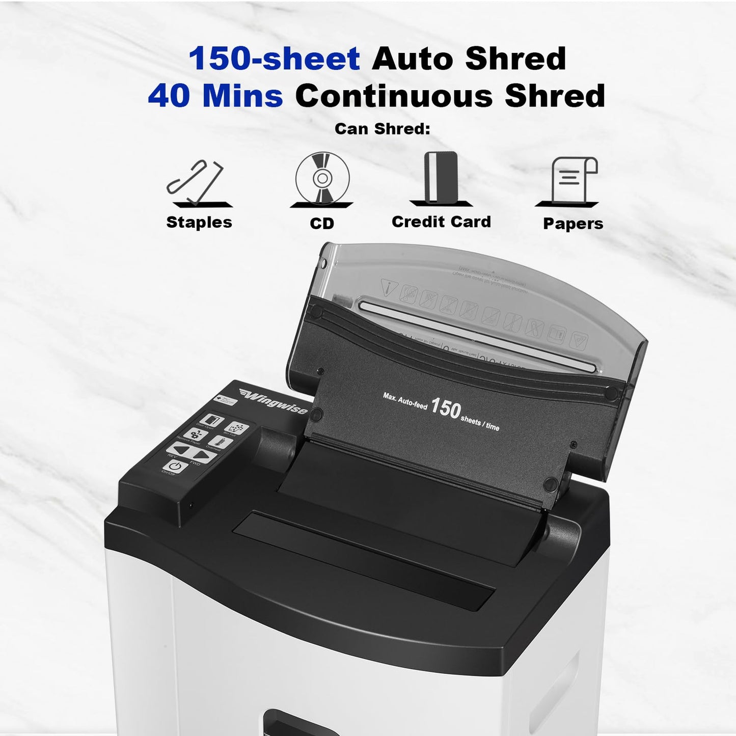 Wingwise 150 Sheet Auto-Feed Paper Shredder, Micro Cut P-5 High Security (5/64 x 19/32 inches), Large 6-Gallon Bin, 40 Mins Continuous Run, 55dB