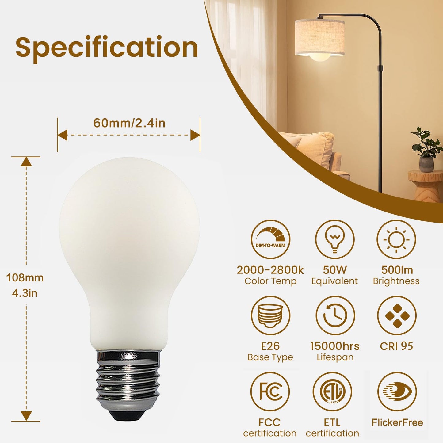 Liii&ARTMAN LED Light Bulb A19 Dim-to-Warm dimming Warm 2000-2800K 120V 6W E26 Matte Porcelain CRI95 500LM, (4-Pack)