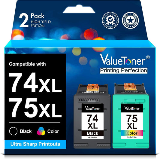 Valuetoner Remanufactured Ink Cartridge Replacement for HP 74 75 Ink Cartridges Combo Pack 74XL 75XL for DeskJet D4260 Photosmart C4280 C4300 C4400