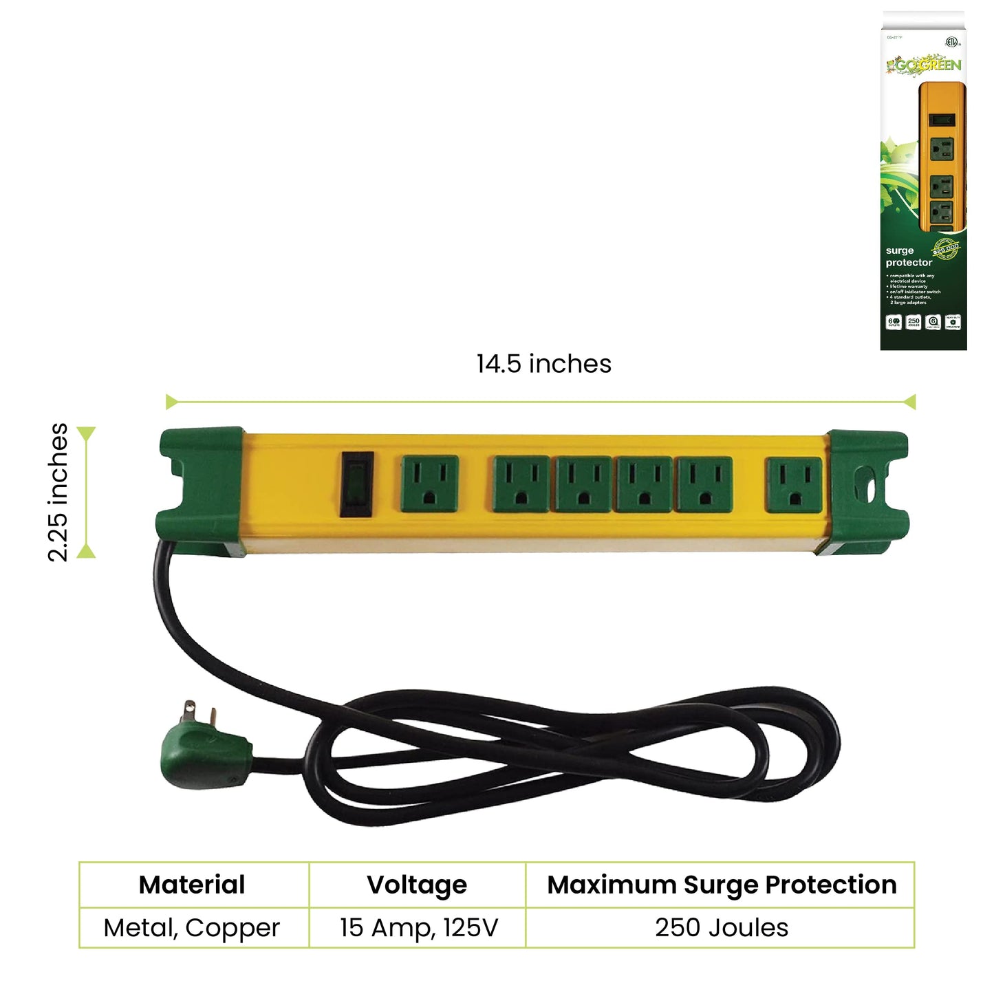 GoGreen Power (GG-26114) 6 Outlet Metal Surge Protector, 250 Joules, Yellow/Green, 6 ft Cord