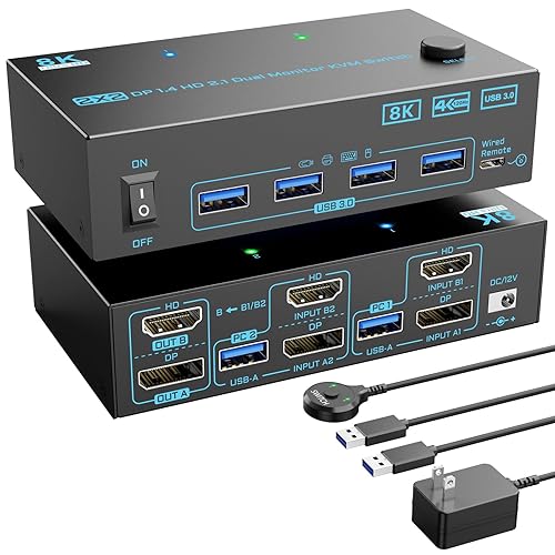 KVM Switch 2 Monitors 2 Computers 8K Displayport 1.4 and HDMI 2.1 Dual Monitor USB 3.0 2 IN 2 Out KVM Switch for 2 PCs Share 2 Screens Support Max