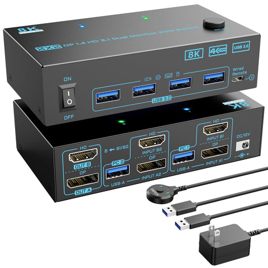KVM Switch 2 Monitors 2 Computers 8K Displayport 1.4 and HDMI 2.1 Dual Monitor USB 3.0 2 IN 2 Out KVM Switch for 2 PCs Share 2 Screens Support Max