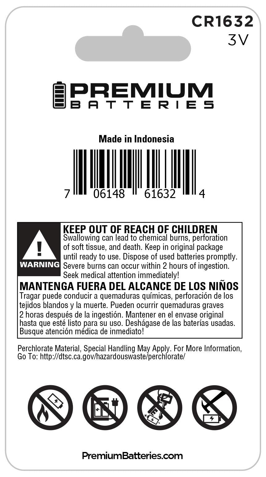 Premium Batteries CR1632 Battery 3V Lithium Coin Cell Child Safe (6 Pack)