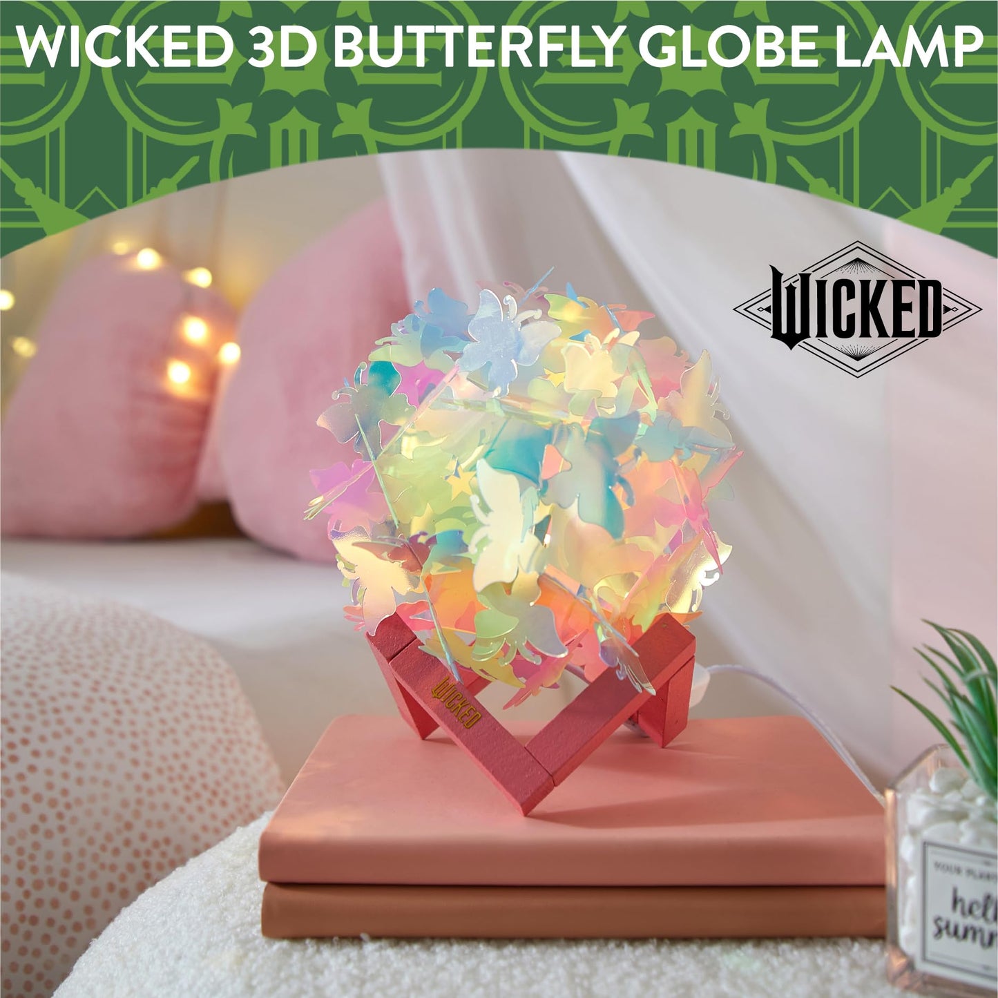 Wicked the Movie 3D Iridescent Butterfly Accent Lamp and Tabletop Night Light with Wood Base