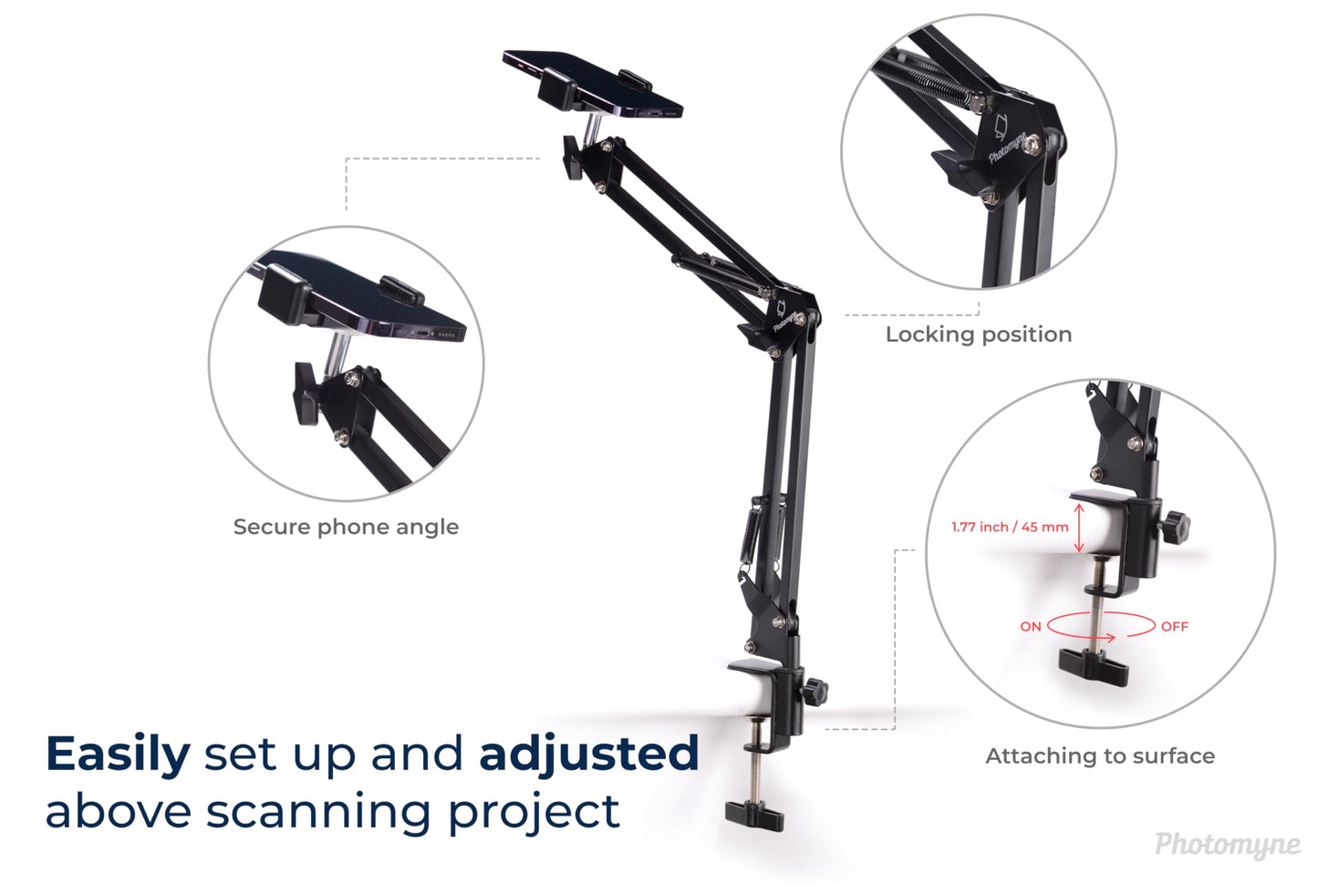 PHOTOMYNE Flexible Phone Holder with Clamp - Photo Album Scanning Stand