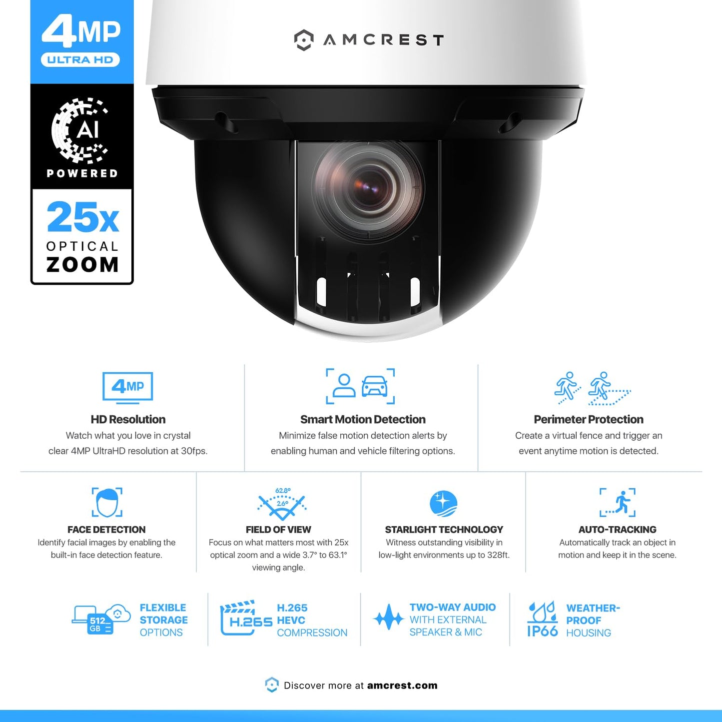 Amcrest 4MP Outdoor PTZ POE + AI IP Camera Pan Tilt Zoom (Optical 25x Motorized) Security Speed Dome, Human and Vehicle Detection, IVS, Face
