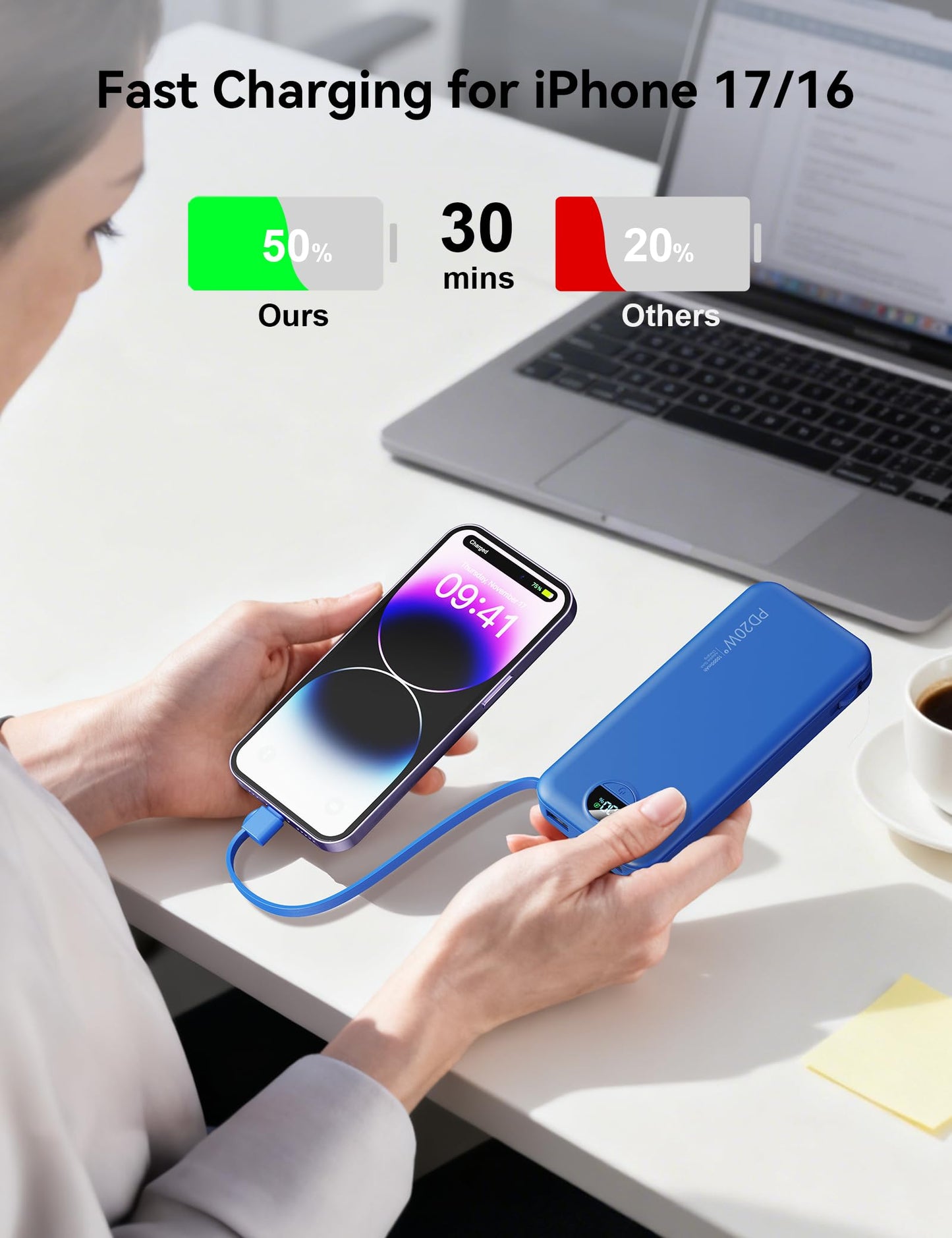 10000mAh Ultra-Portable-Charger-Power-Bank with Built in Cables&AC Wall Plug, PD20W USB-C Fast Charging Cell Phone Charger Battery Pack,LED Display