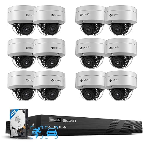 4COVR 16 Channel PoE Security Camera System AI Human/Vehicle Detection, 12Pcs IK10 Vandal-Proof 5MP Wired Commercial Dome IP Camera IP67, 16CH 4K NVR