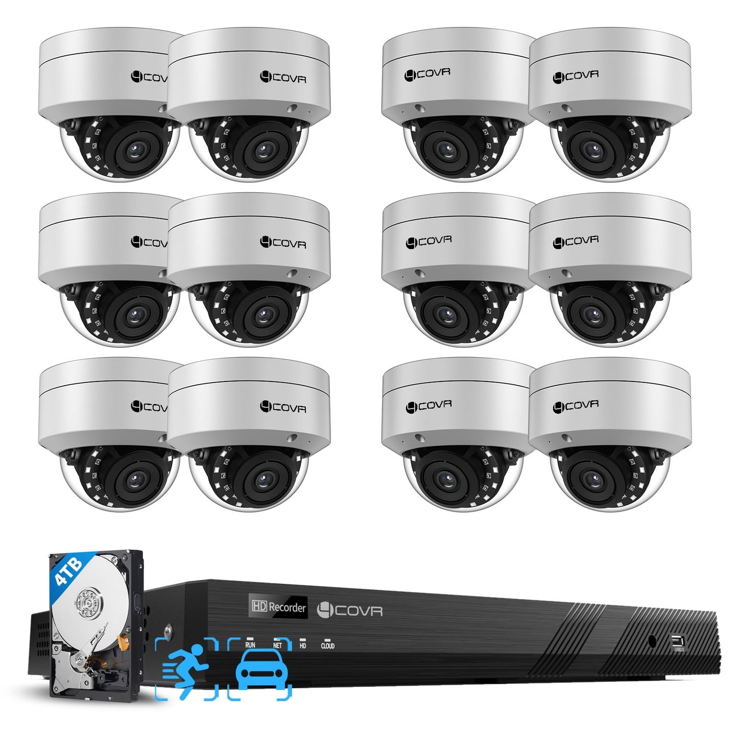 4COVR 16 Channel PoE Security Camera System AI Human/Vehicle Detection, 12Pcs IK10 Vandal-Proof 5MP Wired Commercial Dome IP Camera IP67, 16CH 4K NVR