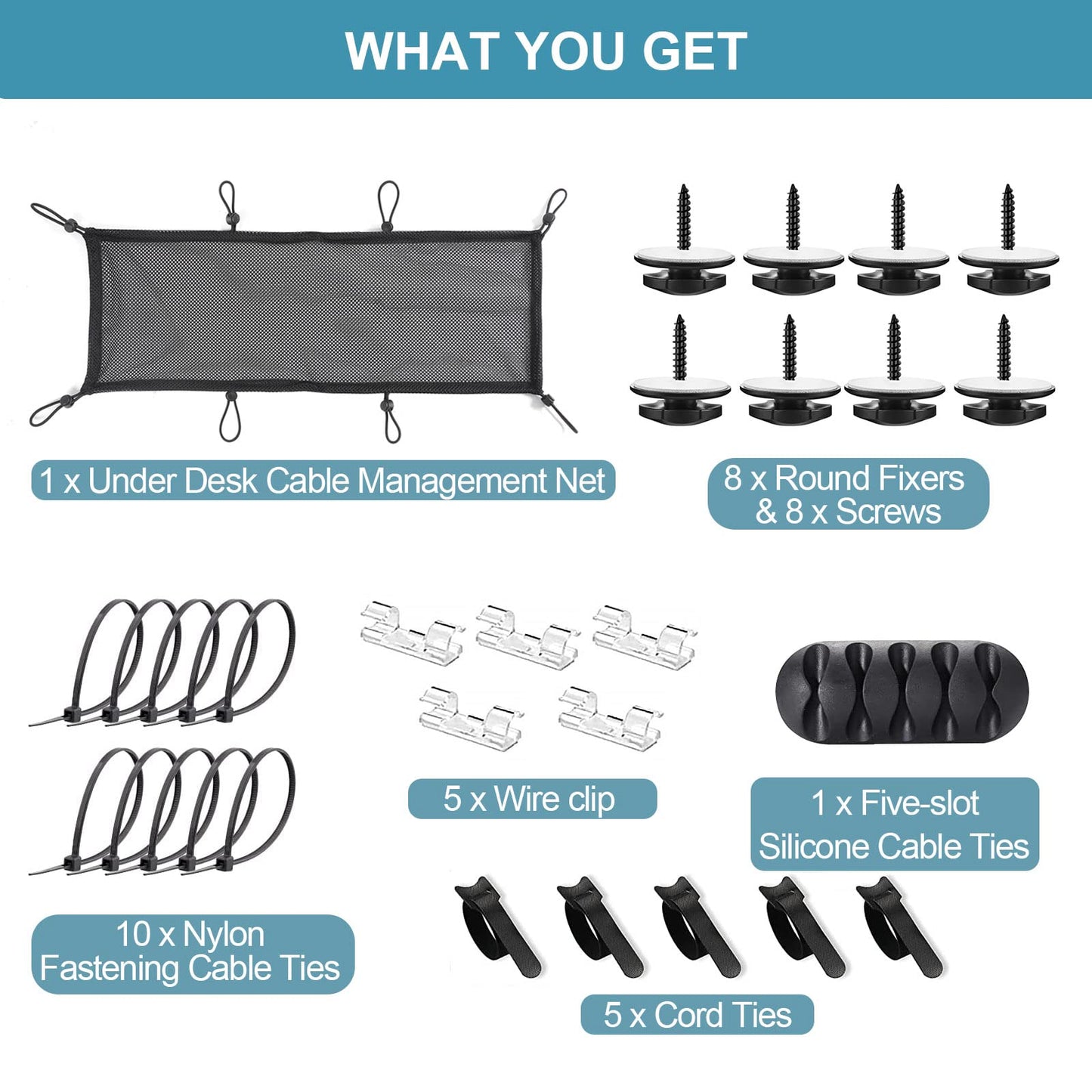 Under Desk Cable Management Net, 36PCS Under Table Cord Management Mesh Organizer Flexible Wire Hiders, Extra Large Capacity Wire Management Kit Under