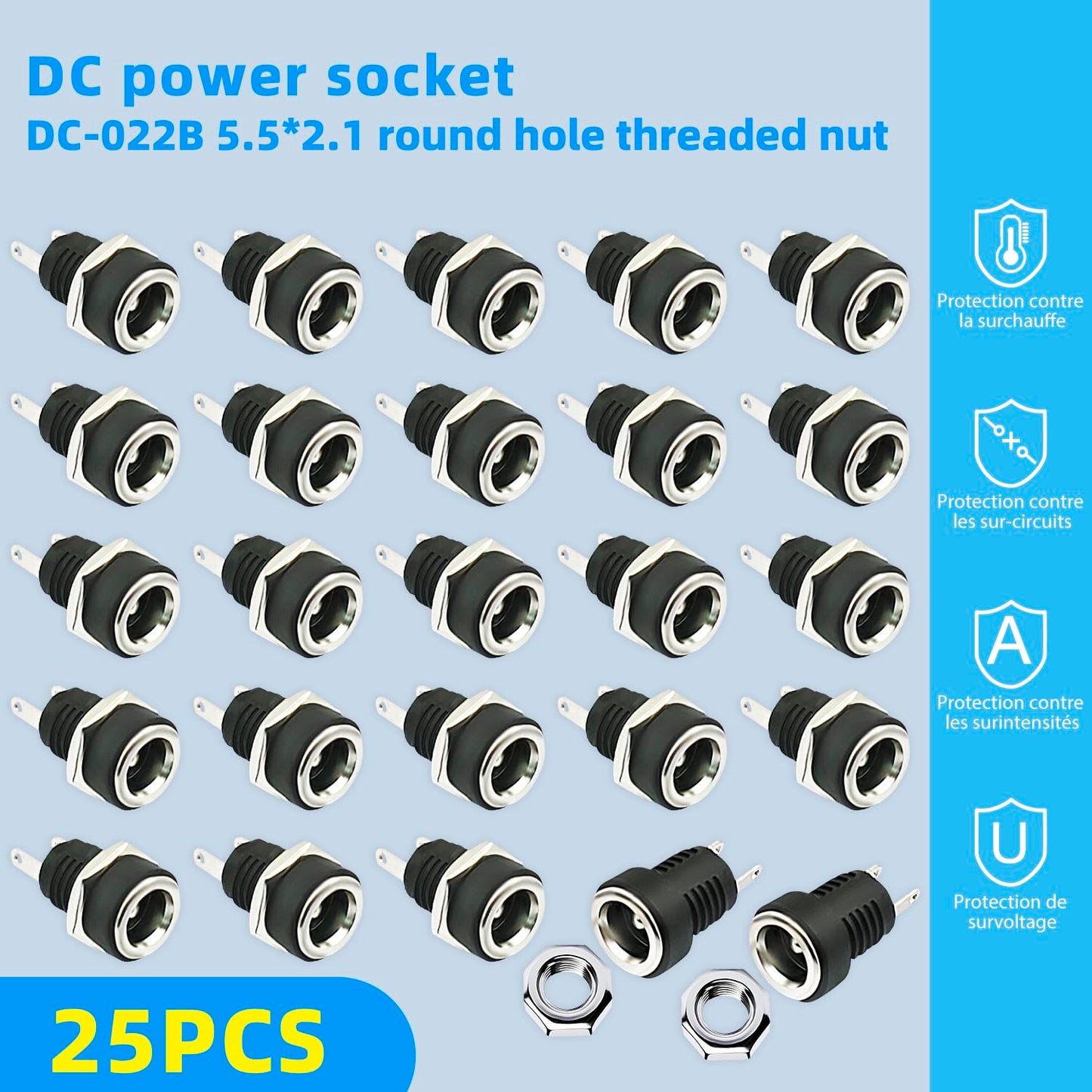 CenryKay 25PCS 5.5mmx2.1mm 2 Pins DC Power Jack Female Panel Mount Connector with Hex Washer