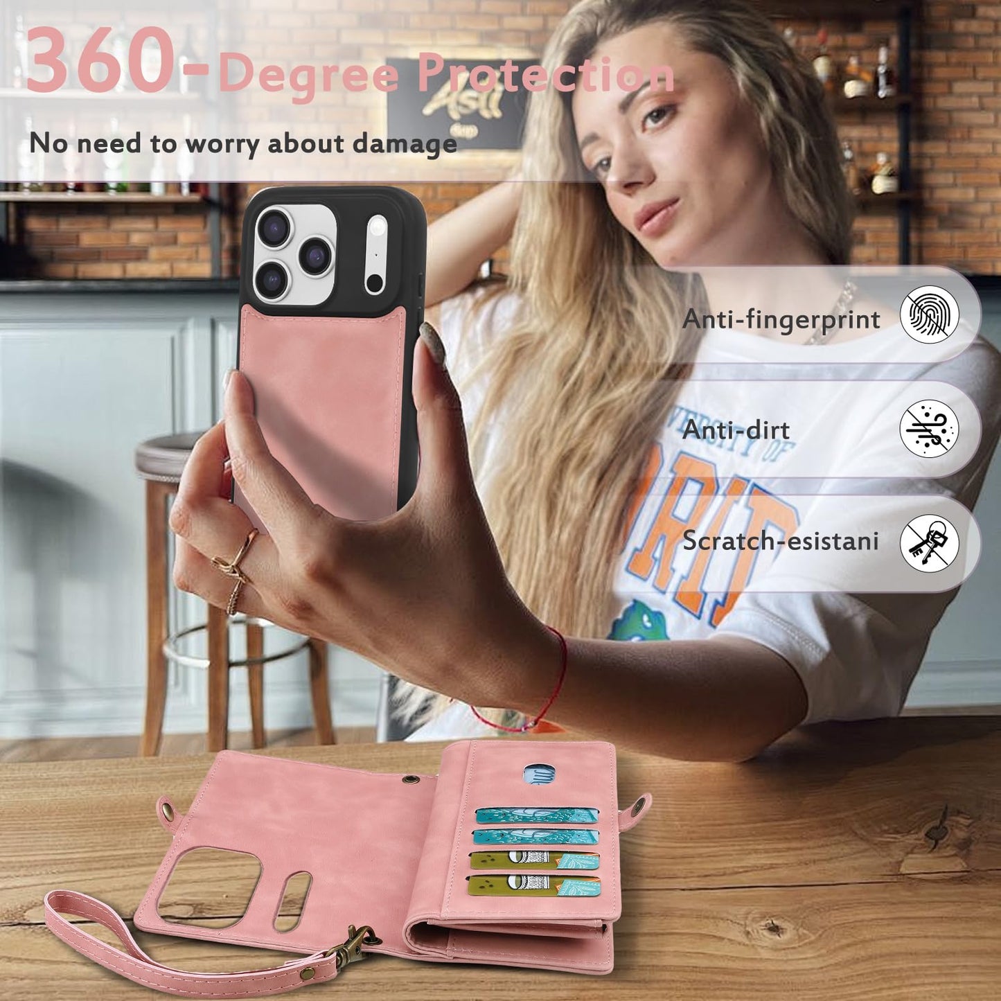 MEGSHI for Wallet Case Compatible with iPhone 17 Pro Max,Multi-Function Detachable 2 in 1 Magnetic iPhone 17 Pro Max Case Wallet,Flip Strap Zipper