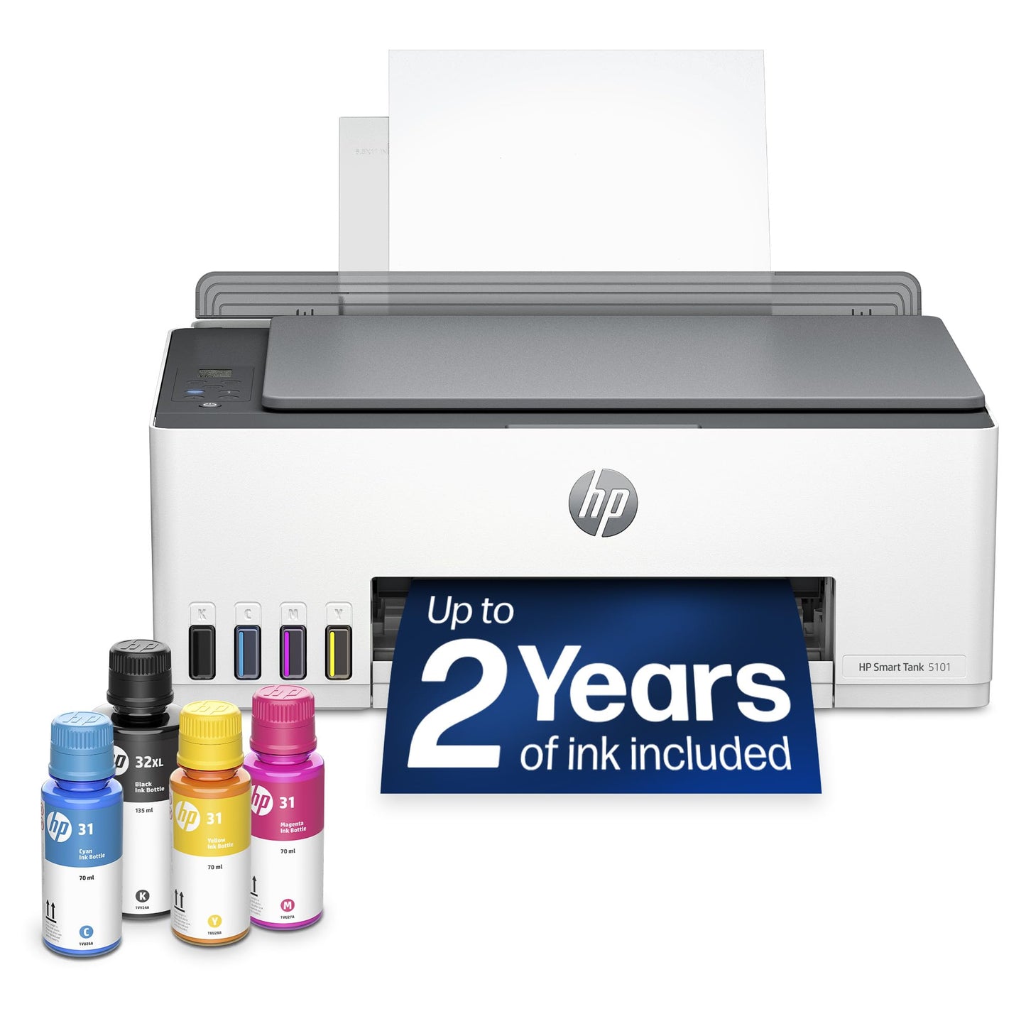 HP Smart Tank 5101 Wireless All-in-One Refillable Printer, Scanner, Copier with 2 Years of Ink Included, Wireless (2.4ghz only) Printer-for-Home use