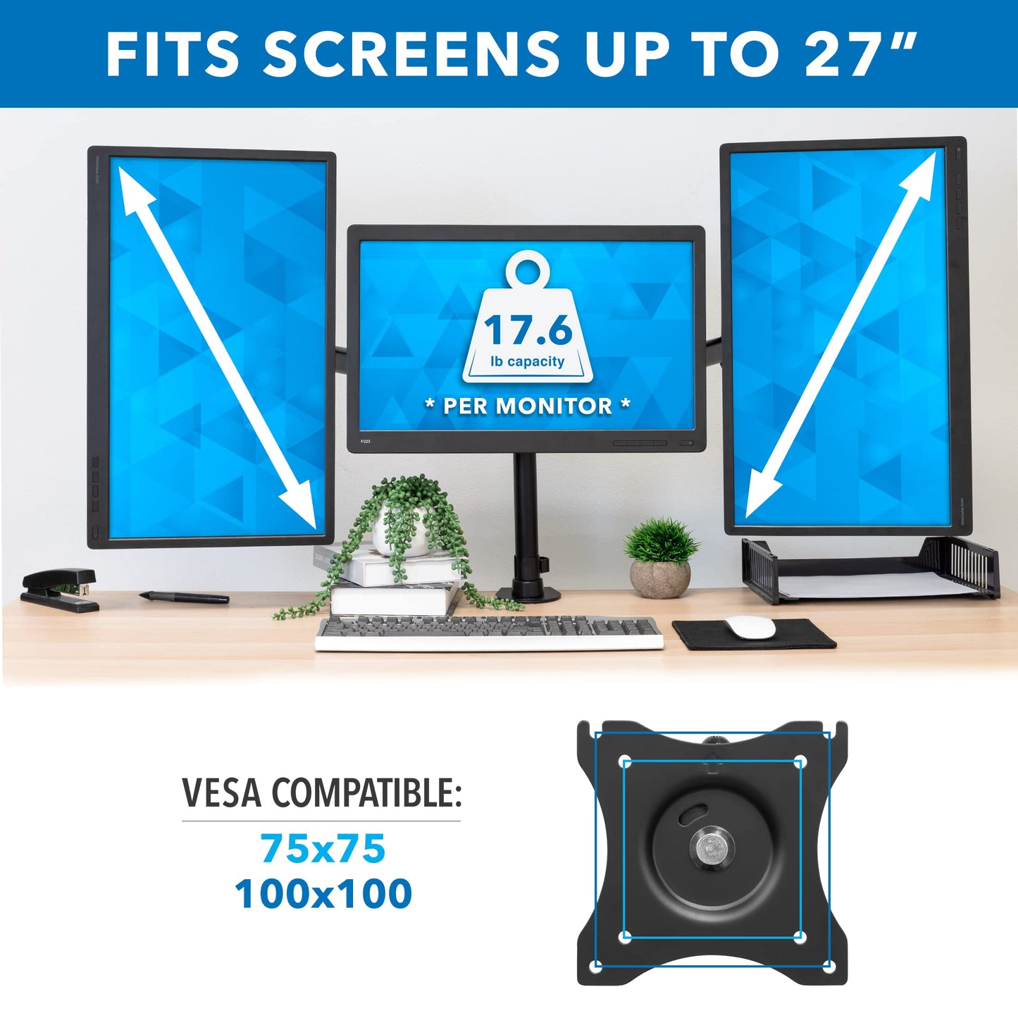 Mount-It! Triple Monitor Mount 3 Screen Desk Stand for LCD Computer Monitors for 19 20 22 23 24 27 Inch Monitors VESA 75 and 100 Compatible Full