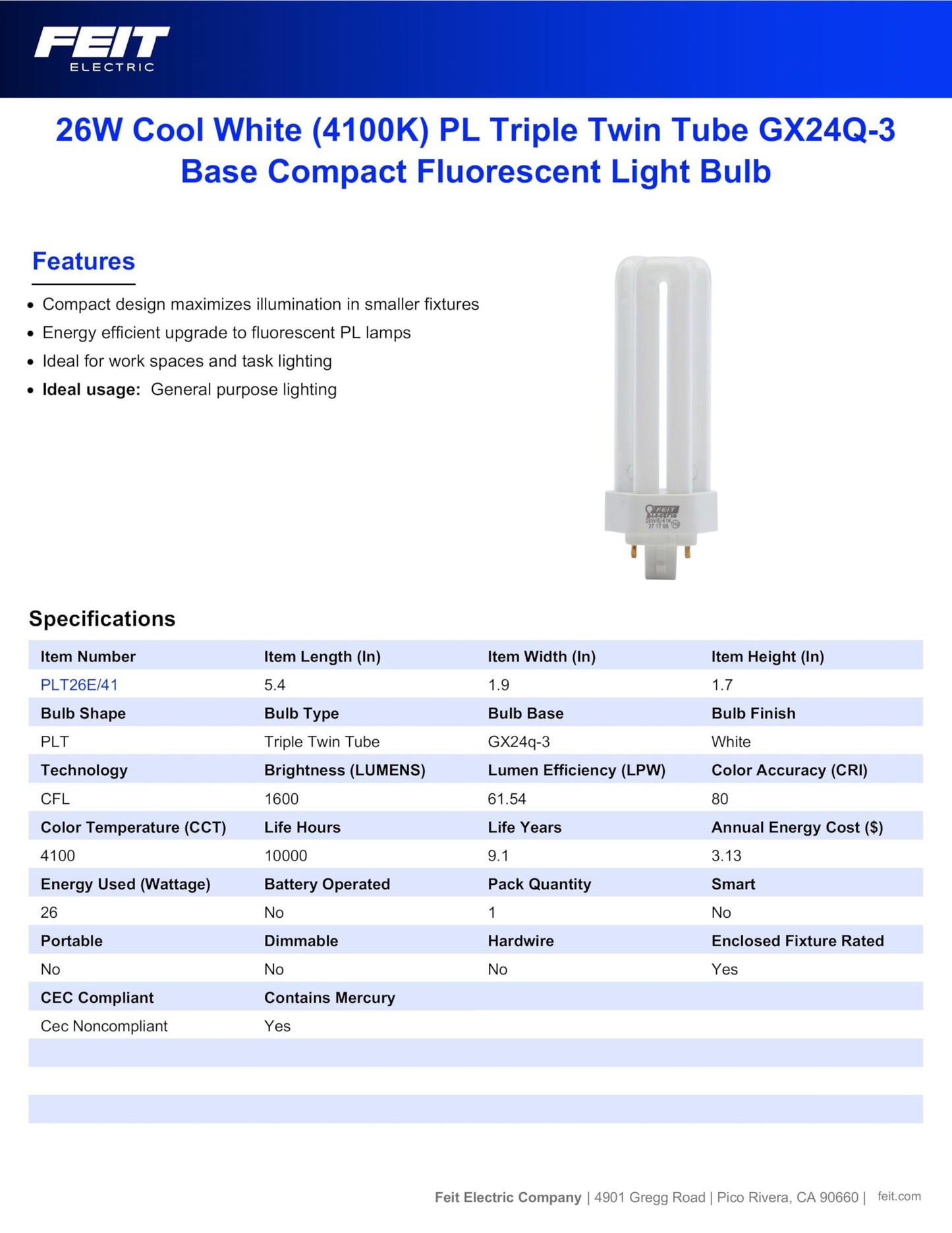 Feit Electric 26-Watt PLT CFL Light Bulb, GX24Q-3 4-Pin Base, 1600 Lumens, 4100K Cool White, PL-Shaped Compact Fluorescent Bulb for General Purpose