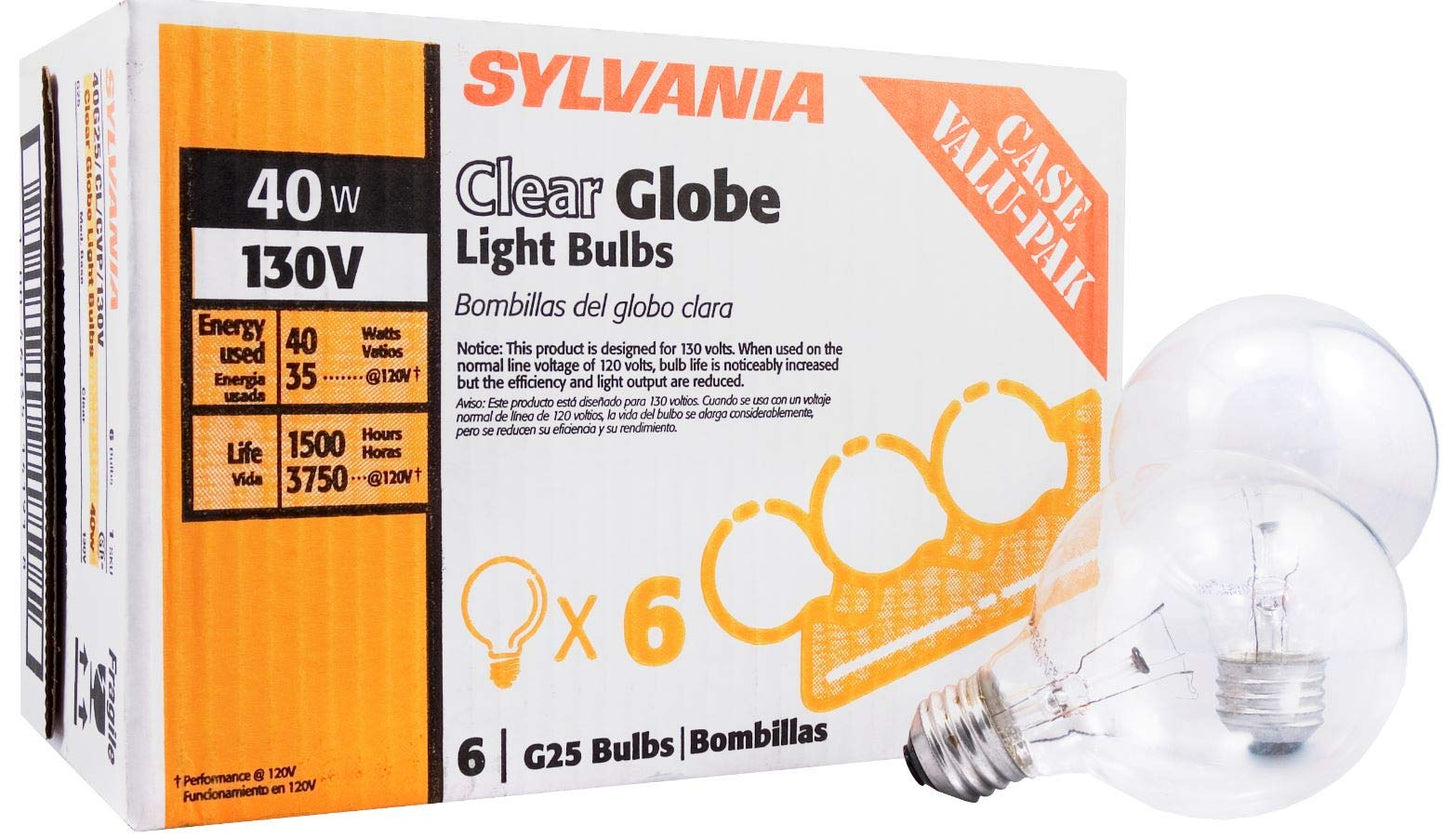 Sylvania Incandescent G25 E26 Globe 40 Watt Vanity Light Bulbs, 6 Pack
