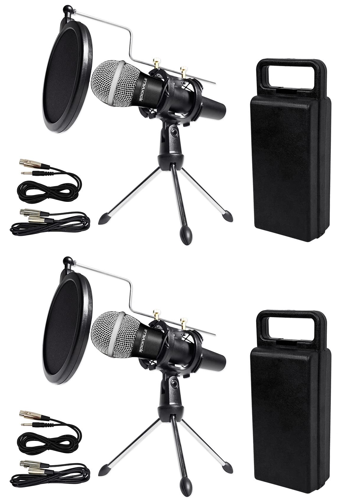 Rockville Podcasting Bundle: (2) RMC-XLR Metal Handheld Microphones, (2) RTMS21 Desktop Tripod Stands with Pop Filters, Shock Mounts, Cables, 4-Items