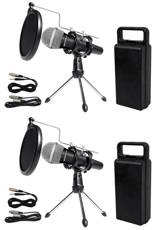 Rockville Podcasting Bundle: (2) RMC-XLR Metal Handheld Microphones, (2) RTMS21 Desktop Tripod Stands with Pop Filters, Shock Mounts, Cables, 4-Items