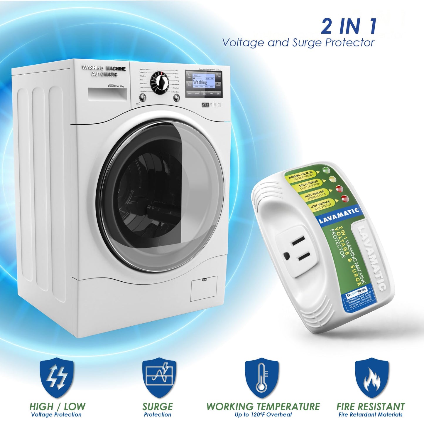 Lavamatic WS-10521 Electronic Voltage & Surge Protector for Front and Top Load Washers - Protect Your Washing Machine Against High and Low Voltage