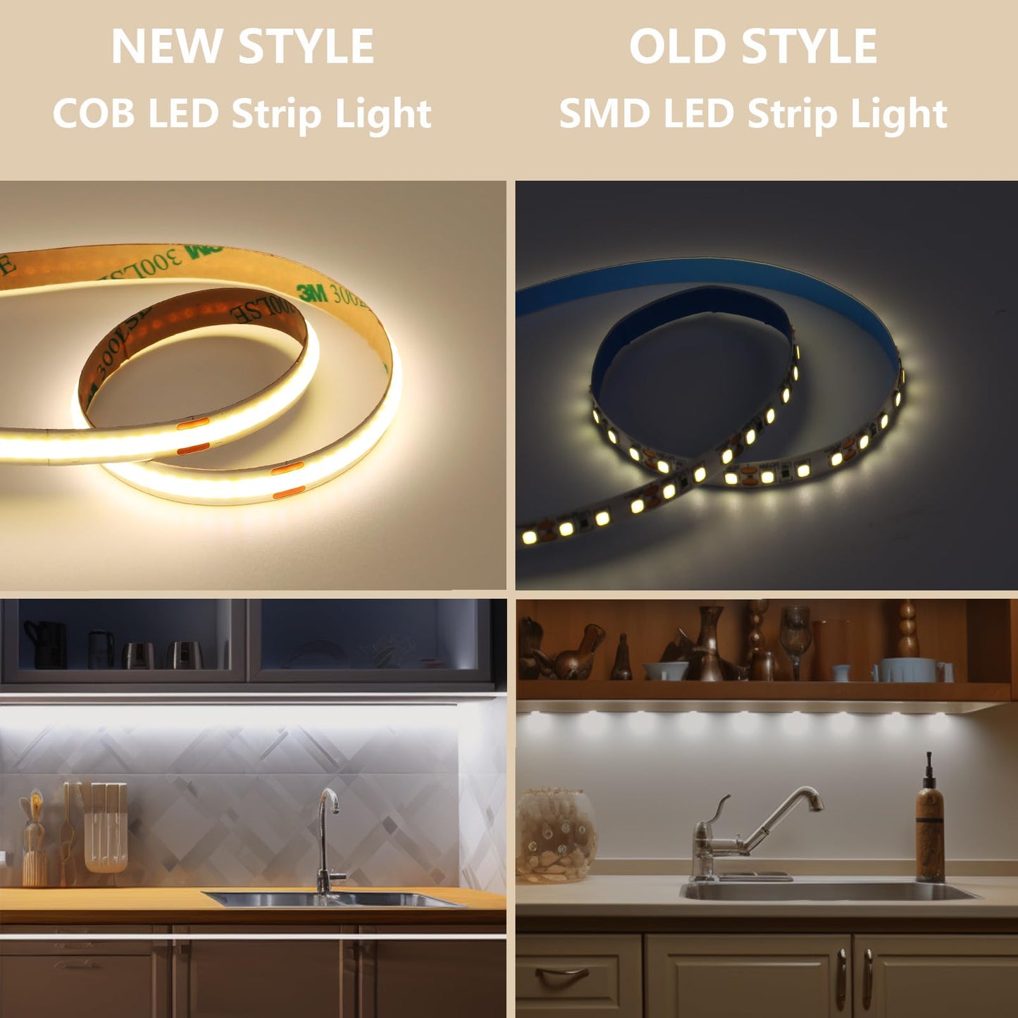 BENLUN 12V COB LED Under Cabinet Strip Lighting Kit 32.8ft, 4000K Natural White Cuttable LED Tape Lights 8W/M CRI 93 320LEDs/M with Dimmer and Power