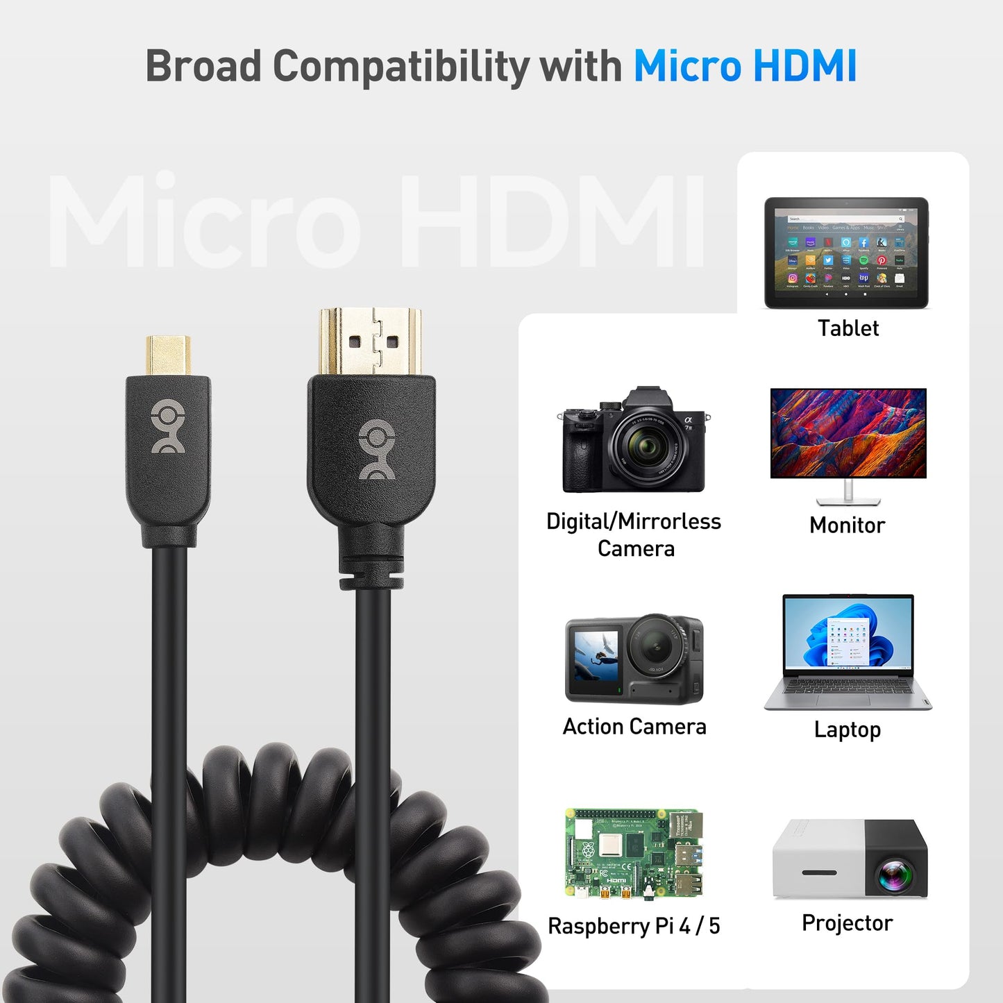 Cable Matters 48Gbps 8K Micro HDMI Coiled Cable 1-3ft with 8K@60Hz, 4K@240Hz and HDR Support, Micro HDMI Cable Coiled for Laptops, Cameras, DSLRs