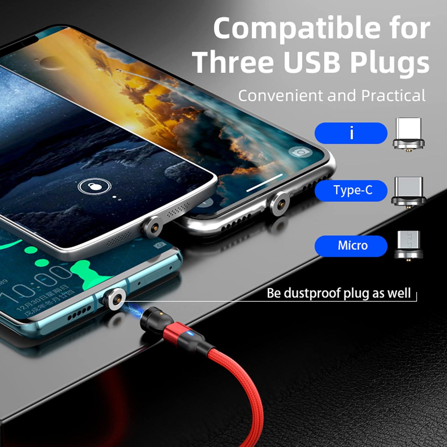 Bojianxin 540 Rotation Magnetic Charging Cable (7-Pack, 1.6ft/3.3ft/3.3ft/6.6ft/6.6ft/10ft/10ft) - 3 in 1 Magnetic Phone Charger Compatible with Micro