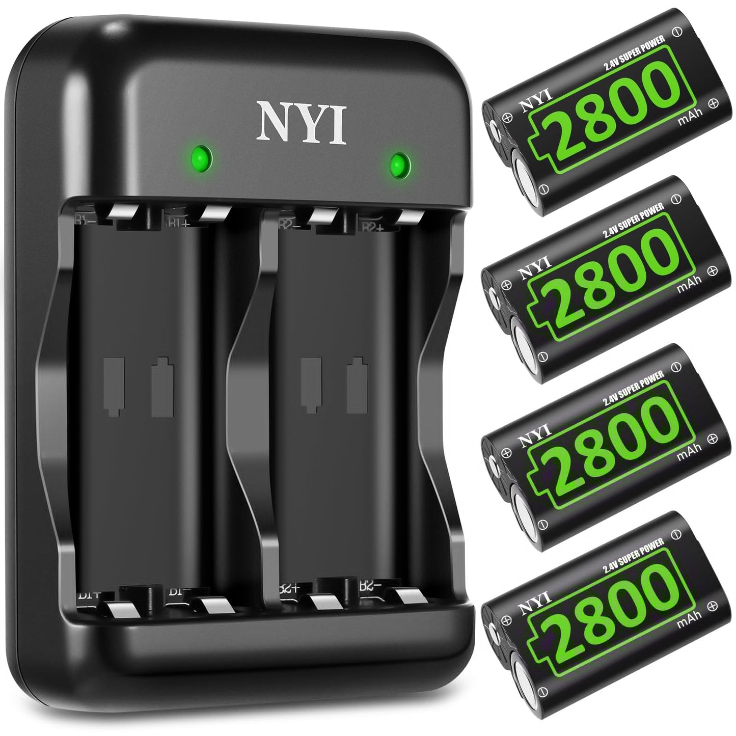 NYI 6720mWh Rechargeable Battery Kit for Xbox Series S/X and One S/X/Elite - 4X High Power NI-MH Batteries With Fast Charging Charger