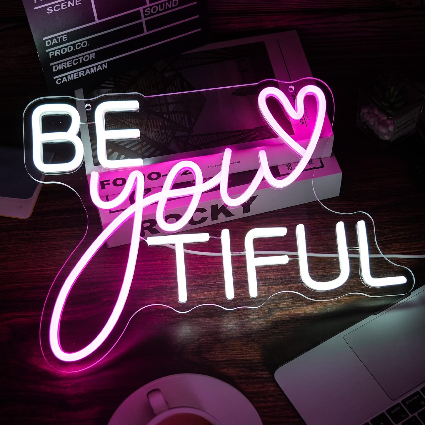 Be Your Tiful Neon Sign Dimmable Letter Neon Signs White Pink Wall Decorative Lights Powered USB with Switch for Bedroom Kid Room Shop Apartment